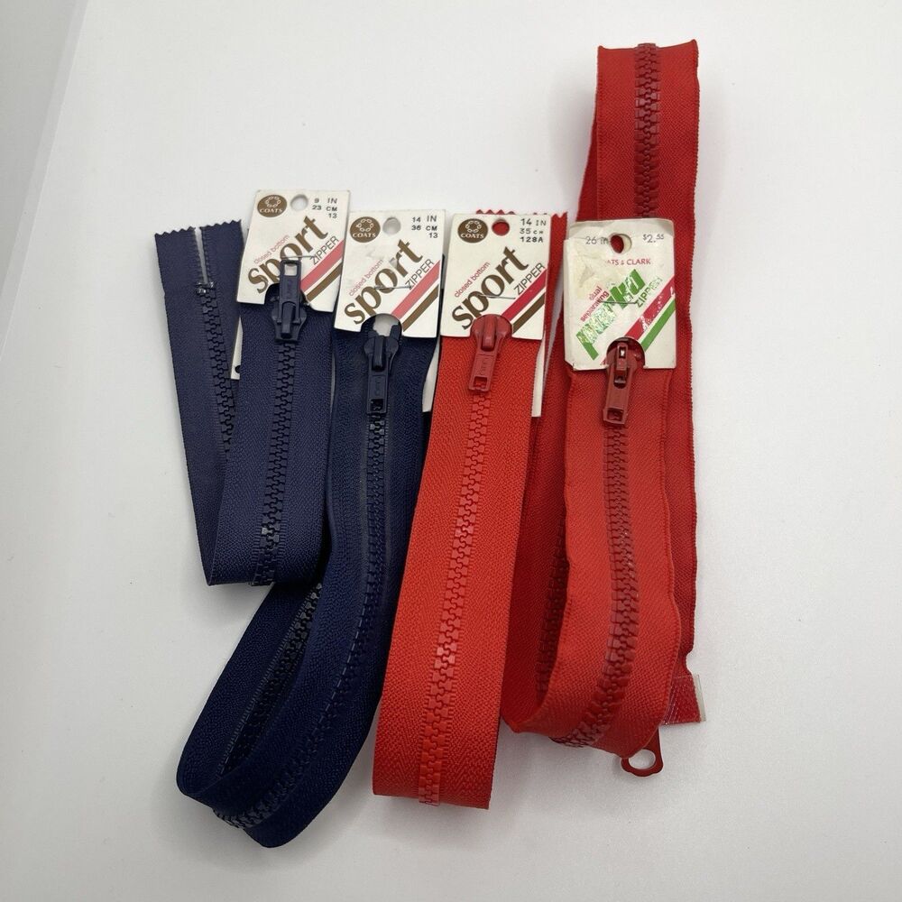 VTG Coats & Clark Sport Parka Zippers  Lot Of 4 Red & Navy 9”, 14” x2, 26” New